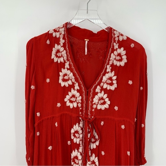 Free People Fable midi boho dress red embroidery gauze long Rock Roll maxi XS - Picture 3 of 5